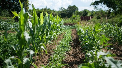 Fototapeta premium An agroecological farm demonstrating intercropping techniques, where tall crops like corn grow alongside nitrogen-fixing legumes, boosting soil fertility naturally