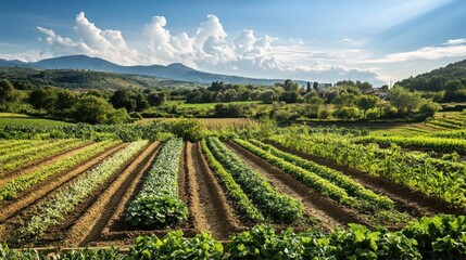 Fototapeta premium An agroecological landscape with multiple crop species growing together, promoting biodiversity, natural pest control, and soil regeneration in a harmonious ecosystem