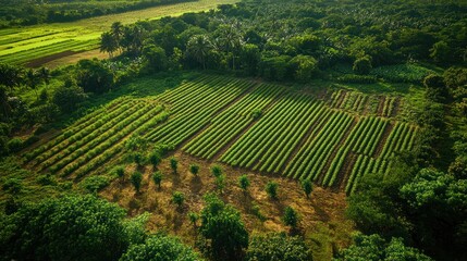 An agroforestry landscape with trees protecting crops from wind erosion, while livestock graze between the rows, contributing to a holistic and regenerative farming practice