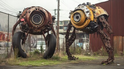 Fototapeta premium An art installation featuring large sculptures made from old tires, rusted metal, and discarded electronics, transformed into imaginative creatures standing in an urban outdoor space.