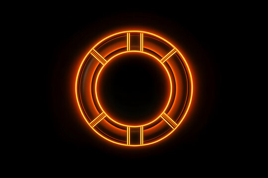 recommend clip art: Futuristic orange neon silhouette of a life preserver ring icon isolated on black background.