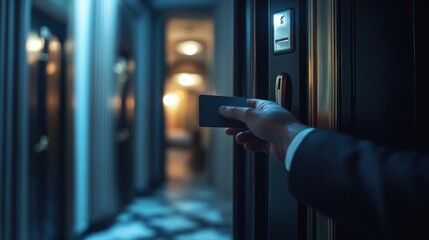 Man Using Key Card to Access Hotel Room