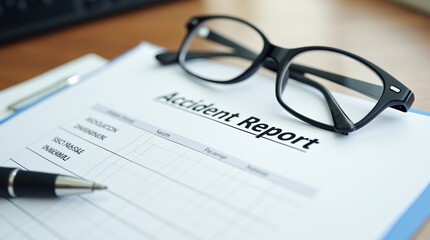 Accident report document with pen and glasses on a wooden desk