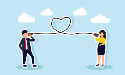 A businessman and businesswoman talking through a traditional device with a cord forming a heart, illustration of sharing or communication about engagement
