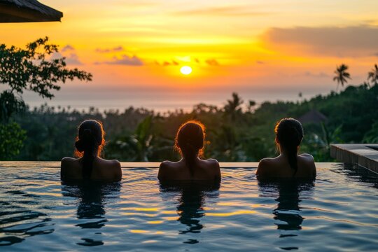 Group of friends enjoying infinity pool with friends at sunset in a private cottage or villa