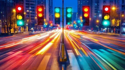 Colorful Traffic Lights and Busy City Intersection