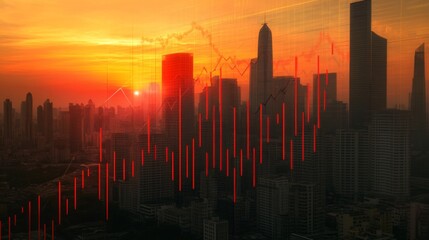 Sunset Over Cityscape with Financial Data Overlay