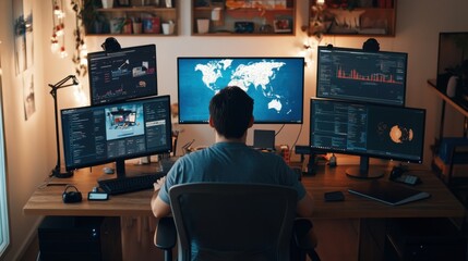 Naklejka premium An entrepreneur managing a global e-commerce business from a home office with multiple screens and digital marketing tools, Modern lifestyle scene, E-commerce management style