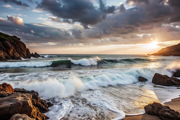 Obraz premium sunset over the sea. sea, sunset, ocean, beach, water, sky, landscape, coast, rock, sunrise, nature, wave, sun, rocks, seascape, stone, horizon, clouds, dusk, coastline, waves, shore, summer, sundown,