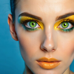Naklejka premium close up portrait of woman with makeup. woman, beauty, face, eyes, eye, makeup, make-up, fashion, close-up, model, skin, closeup, cosmetics, eyebrow, people, glamour, green, eyeshadow, make up, colorf