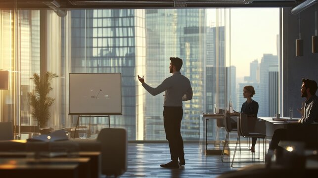 An entrepreneur pitching a startup idea to potential investors in a contemporary office skyscraper, Modern lifestyle theme, Office scene