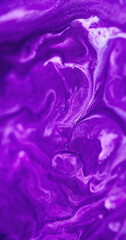 Paint blend. Acrylic glitter flow. Defocused neon purple white color shimmering particles marble texture ink spill abstract art background.