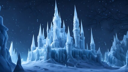 A castle made of ice and snow, with towering frozen spires and glowing interiors, surrounded by snowflakes that shimmer in the moonlight.