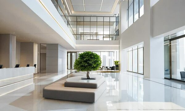 Modern Office Lobby with Minimalist Design and Natural Light