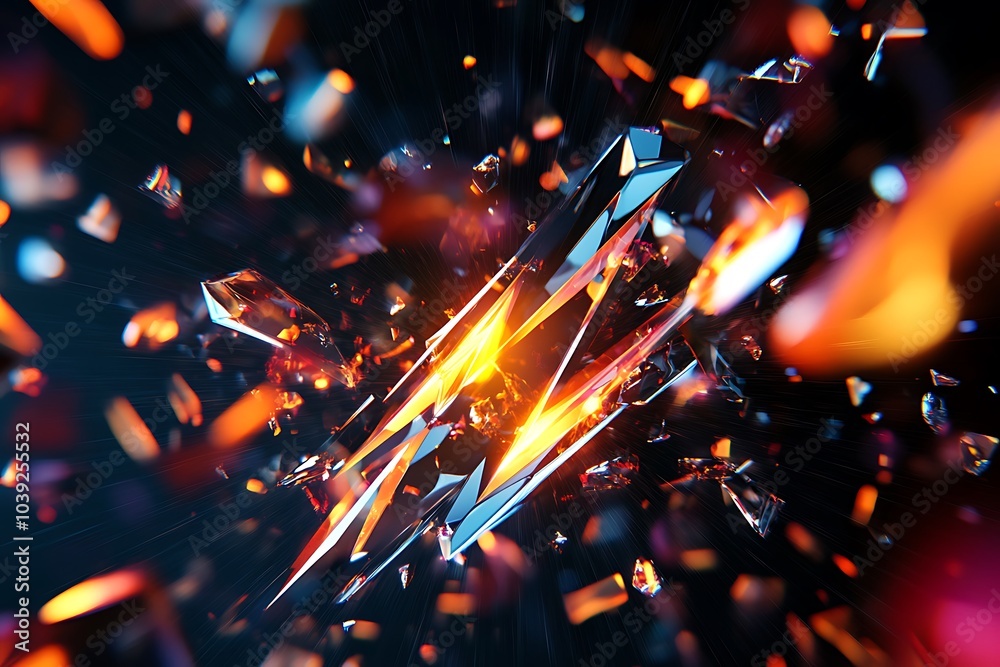 Poster shattered glass shards with a glowing light source in the center, against a dark background.
