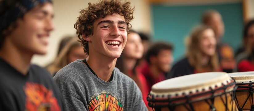 A young man with curly hair smiles while sitting in a group of people playing drums.