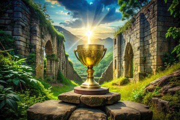 Naklejka premium Ancient temple cradles an enigmatic Holy Grail, radiating a mystical aura and enchanting light, inspiring captivating generative AI art of sacred relics and magical artifacts.
