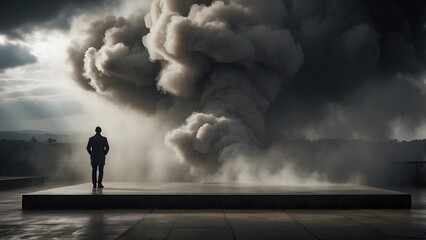 A dark storm with bolts of lightning illuminating the smoke-filled air, with a podium covered with smoke, horror background for advertisement banner