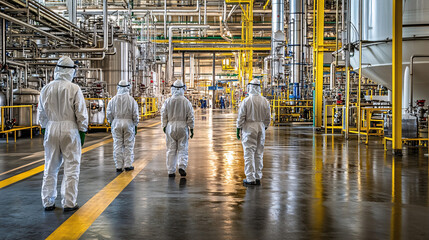 Workers in Hazmat Suits Walk Through Industrial Plant