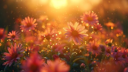 Pink flowers in a field with bokeh and golden light. AI generative. .