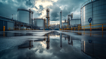 Obraz premium Industrial Oil Refinery Plant With Reflection In Water After Rain