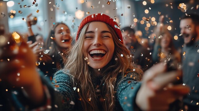 fun office Christmas party with festive games, music, and an awards ceremony, as coworkers celebrate the end of the year together.