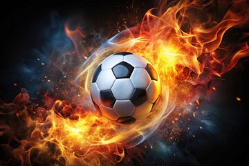 Naklejka premium A vibrant soccer ball engulfed in blazing flames embodies energy, passion, and enthusiasm for the sport in a captivating panoramic scene.