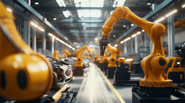 An industrial robotics manufacturing plant, automated assembly line with robotic arms building automobiles, Industrial style