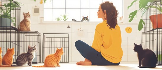 A young woman in a yellow sweater sits in a relaxed pose surrounded by her cats in a home setting.