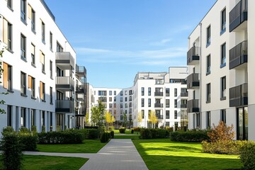  Modern apartment buildings with white walls and black windows, surrounded by green lawns and paved walkways under clear blue skies.