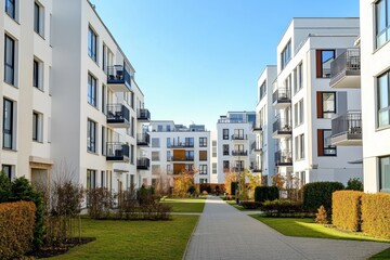  Modern apartment buildings with white walls and black windows, surrounded by green lawns and paved walkways under clear blue skies.