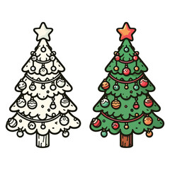 Christmas sparkling bright tree with star. Merry Christmas and Happy New Year. Design of objects, light, ball, Gift box, surprise gifts, gold confetti.