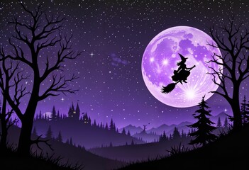 Fototapeta premium A witch on a broom flies across a full moon, surrounded by small stars. Below, a jagged tree line creates a spooky forest, magical Halloween night-time scene, Generative AI