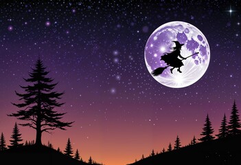 A witch on a broom flies across a full moon, surrounded by small stars. Below, a jagged tree line creates a spooky forest, magical Halloween night-time scene, Generative AI