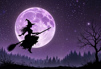 Fototapeta premium A witch on a broom flies across a full moon, surrounded by small stars. Below, a jagged tree line creates a spooky forest, magical Halloween night-time scene, Generative AI