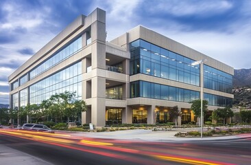 High-end commercial office building with large windows and concrete panels at highway corner in Glendora, California, modern architecture.