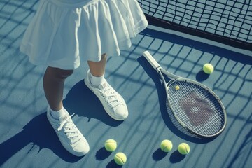 a woman tennis player on a blue tennis court, surrounded by tennis sports items, white skirt, polos, headbands, racket lying nearby, tennis balls, white sneakers, tennis skirt