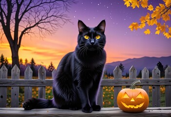 A black cat with glowing yellow eyes sits perched on a wooden fence with a jack-o'-lantern, twisted trees frame the Halloween scene, Generative AI