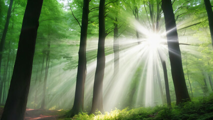Fototapeta premium Beautiful rays of sunlight in a green forest 