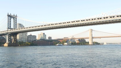 New York City Manhattan Bridge to Dumbo, Brooklyn Bridge. Waterfront skyline cityscape from Pier...