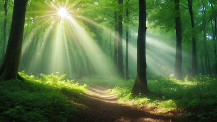 Obraz premium Beautiful rays of sunlight in a green forest 