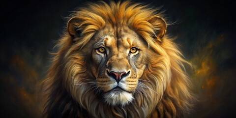Fototapeta premium portrait of a beautiful lion lion in the dark oil paints soft lines 