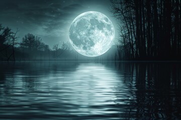 Full moon reflecting on a still lake with trees silhouetted against the night sky. AI generative. .