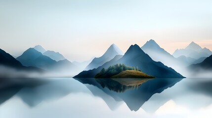 Majestic Layered Silhouettes of Mountain Peaks in a Peaceful Minimalist Landscape  Symmetrical paper cut style scenic view with a tranquil serene and atmosphere