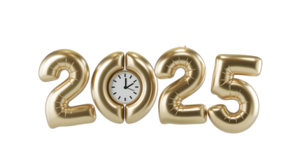 Golden shiny 2025 with clock is in the shape of balloon isolated white background
