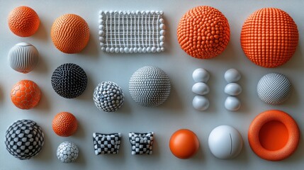 Fototapeta premium A collection of textured spheres and shapes in orange and white.