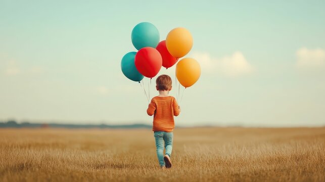 Carefree child running through a vibrant sun drenched field their laughter and playfulness captured as they joyfully chase a cluster of colorful balloons against the serene expansive landscape