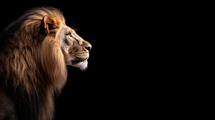 Fototapeta premium A majestic male lion stands in profile against a black background, his thick mane flowing with rich texture. His piercing yellow eyes are fixed intently off-screen, exuding strength and vigilance.