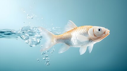 Elegant and minimalist digital depicting the silhouette of a symmetrical fish swimming through layered paper like water in a serene modern and conceptual underwater scene