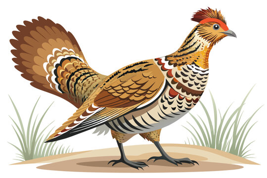 Adult ruffed grouse strutting on gravel track vector art illustration